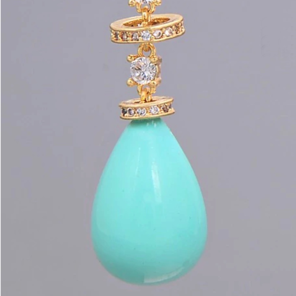 IRIS APFEL Teal Dangle Sea Blue Aquamarine Natural Stone Drop Long Earrings - Picture 5 of 13